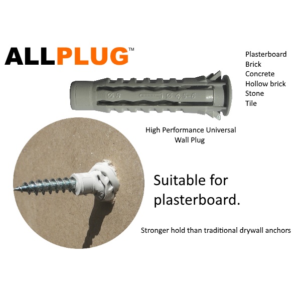 Universal wall plug for plasterboard & solid materials