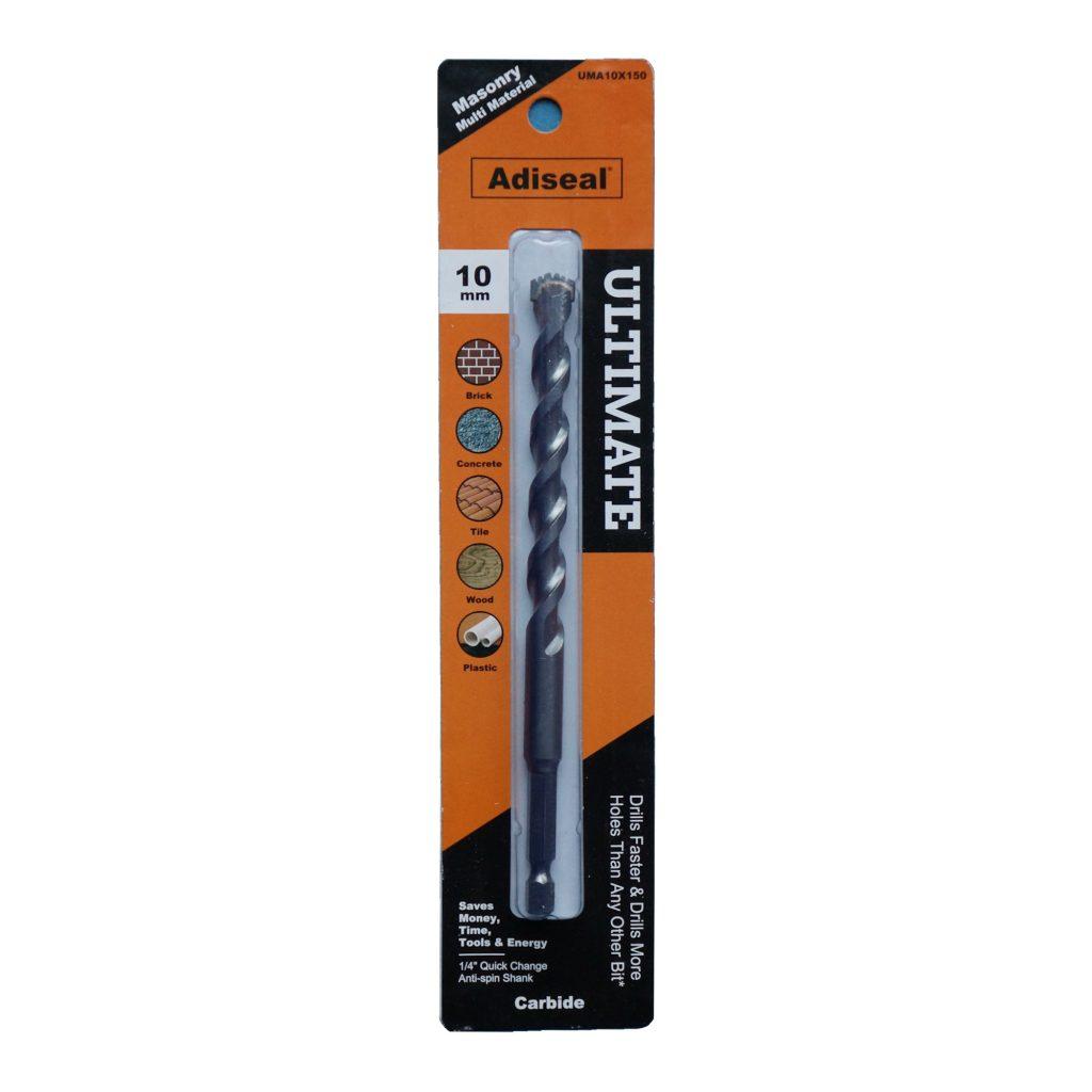 Adiseal Ultimate 10mm masonry and multi-material drill bit with 1/4 inch quick-change hex shank for rotary drilling.