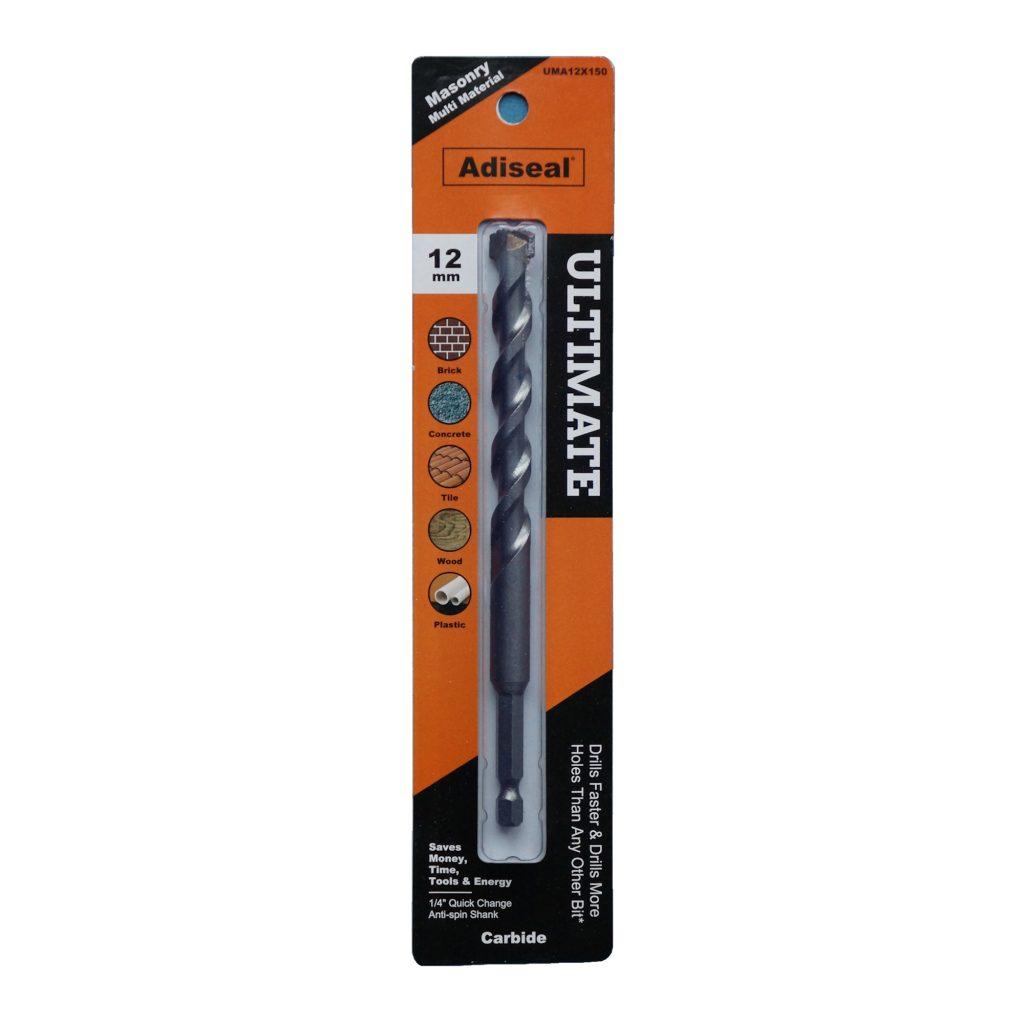 Adiseal Ultimate 12mm masonry and multi-material drill bit with 1/4 inch quick-change hex shank for rotary drilling.