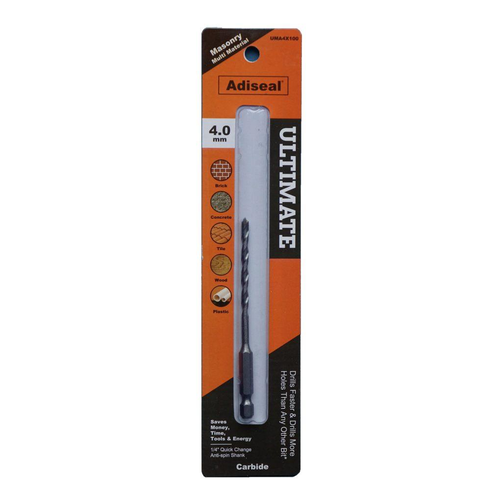 Adiseal Ultimate 4mm masonry and multi-material drill bit with 1/4 inch quick-change hex shank for rotary drilling.