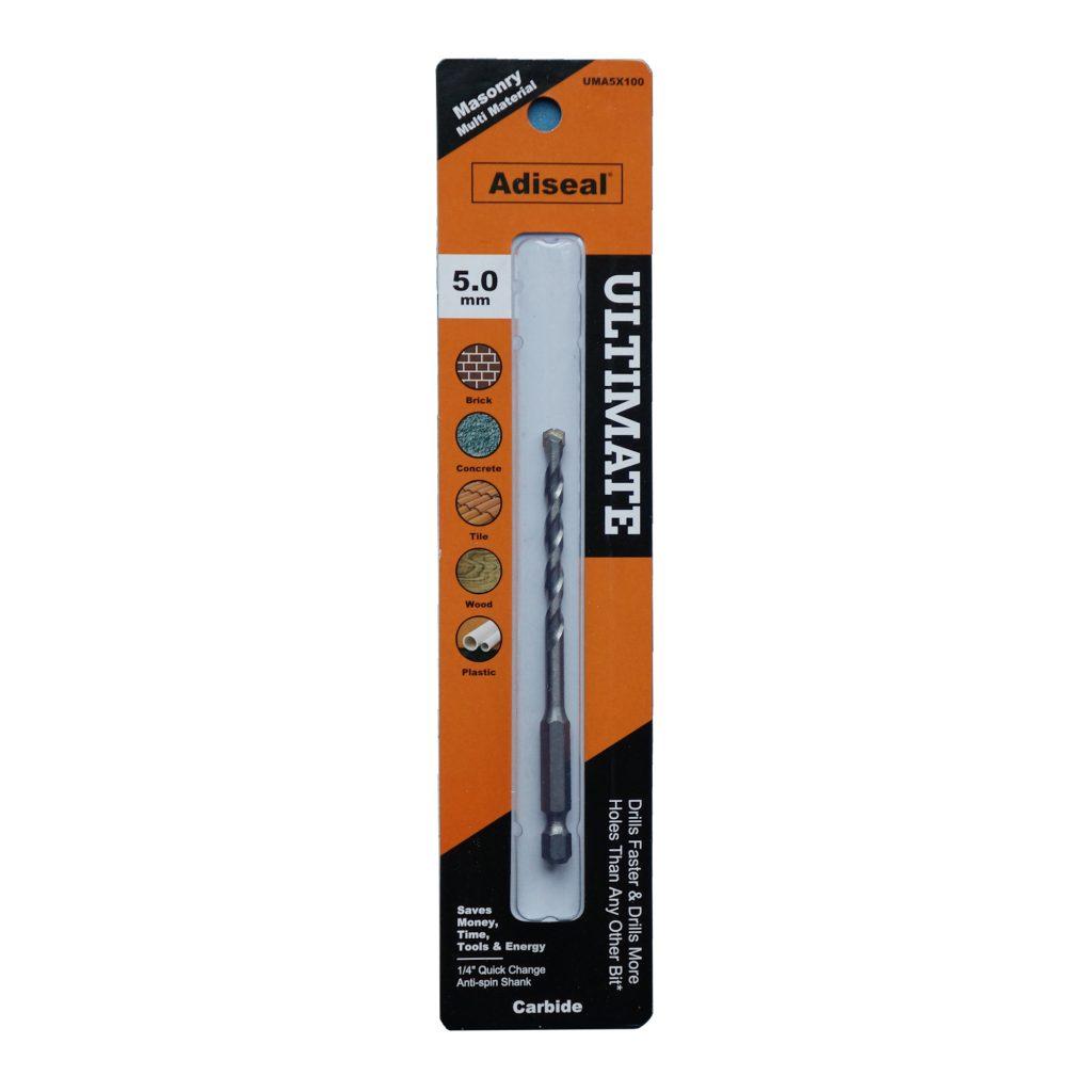 Adiseal Ultimate 5mm masonry and multi-material drill bit with 1/4 inch quick-change hex shank for rotary drilling.