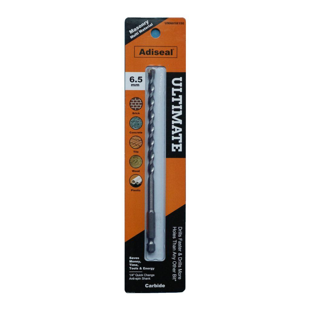 Adiseal Ultimate 6.5mm masonry and multi-material drill bit with 1/4 inch quick-change hex shank for rotary drilling.