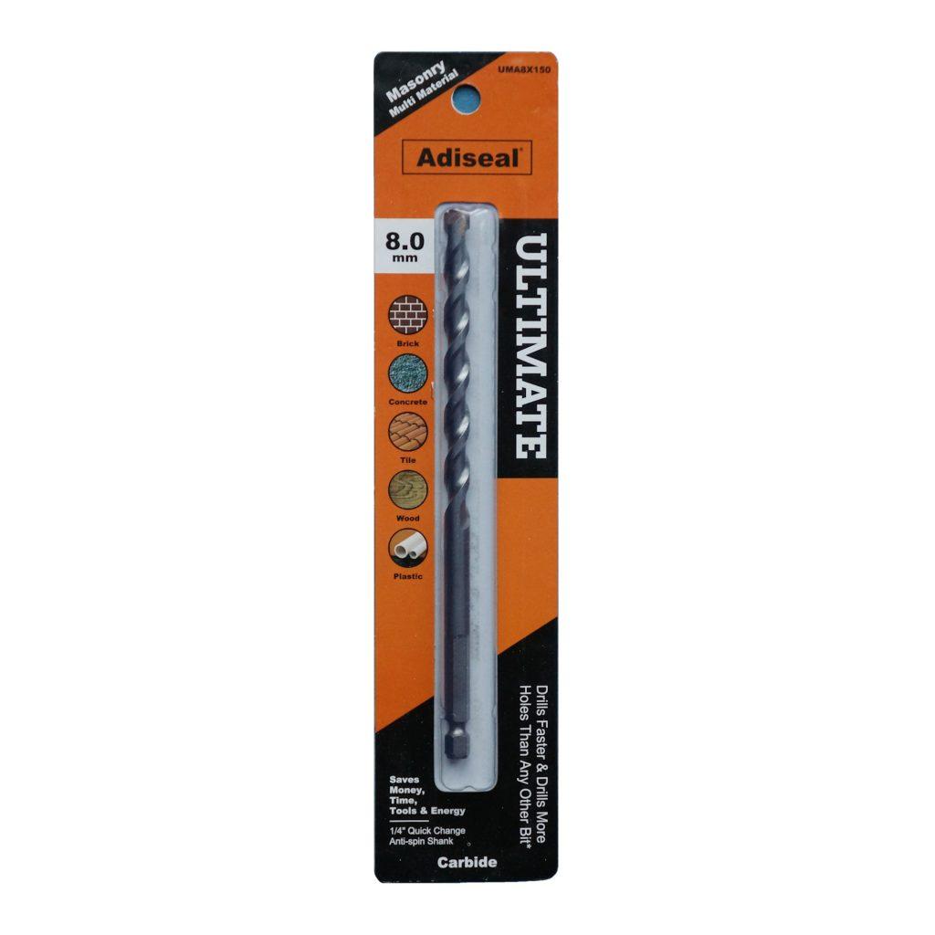 Adiseal Ultimate 8mm masonry and multi-material drill bit with 1/4 inch quick-change hex shank for rotary drilling.